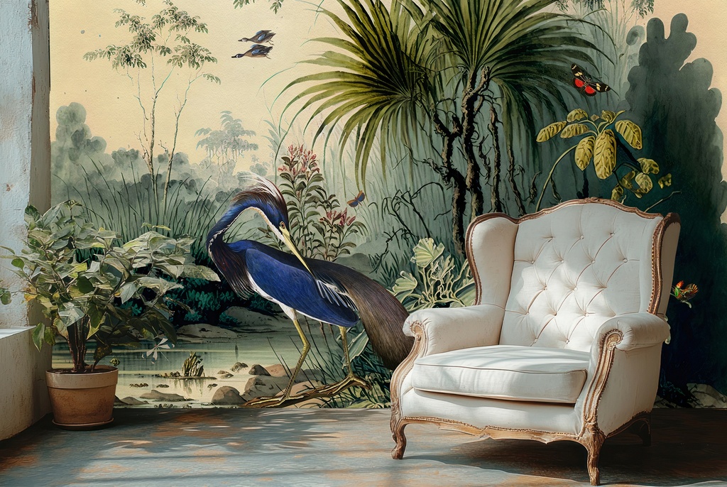Vintage Heron Tropical Landscape Chinoiserie Wall Mural Wallpaper