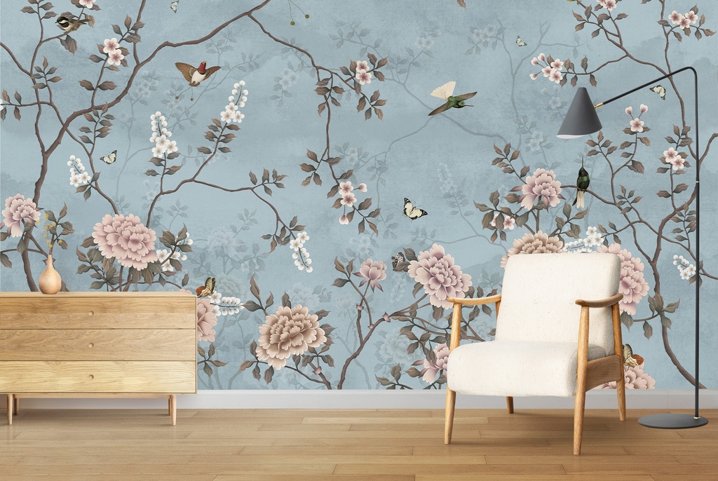 Pink Rose Blue Chinoiserie Wall Mural Wallpaper