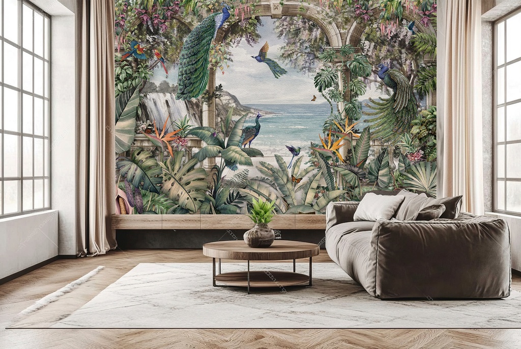 Tropical Arch Peacock Jungle Wall Mural Wallpaper
