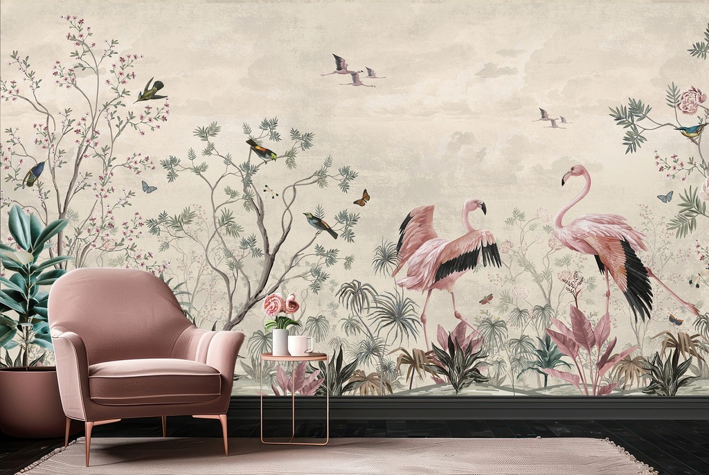 Vintage Flamingo Landscape Chinoiserie Wall Mural Wallpaper