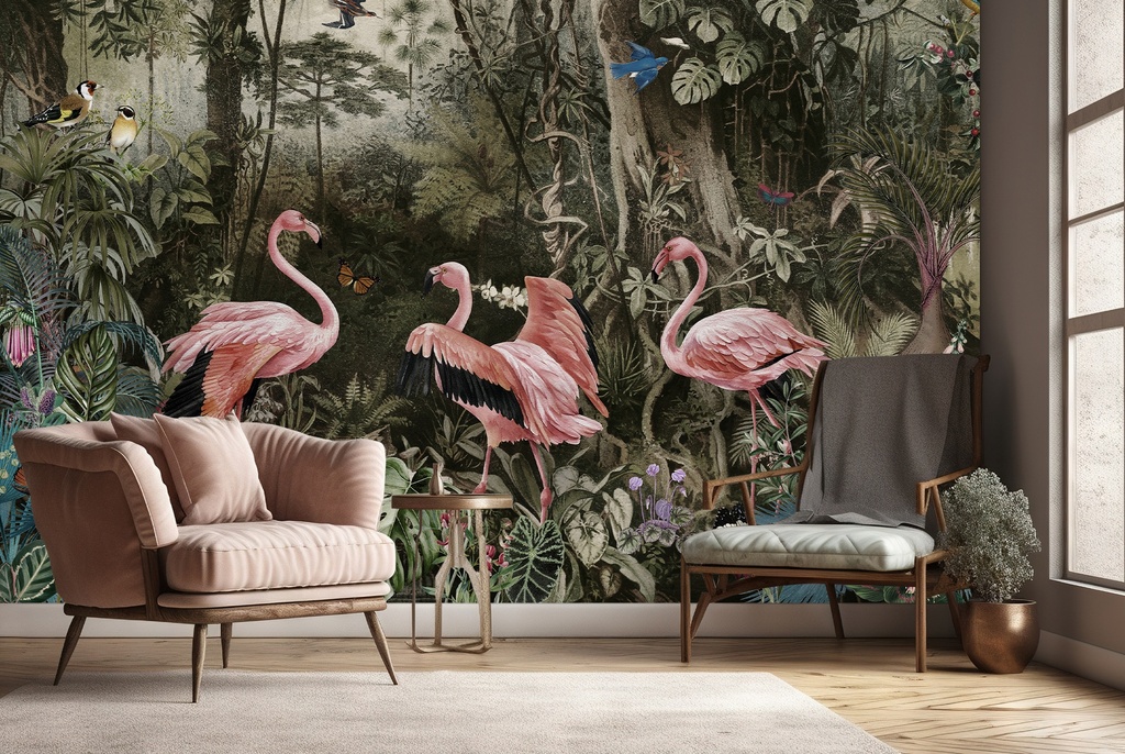 Flamingo Jungle Vintage Forest Wall Mural Wallpaper
