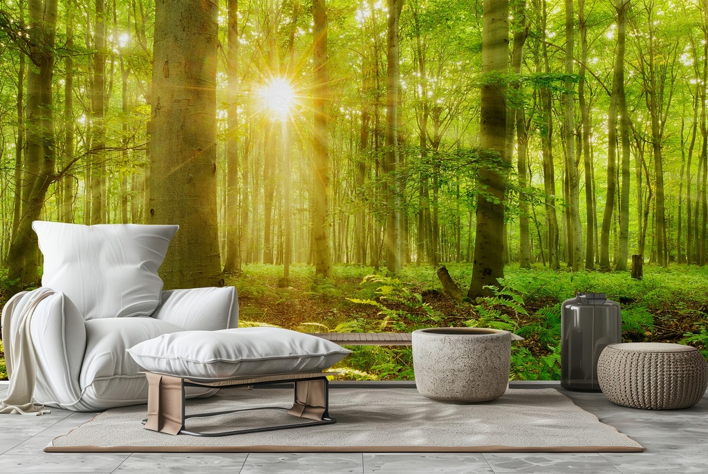 Forest Sun Green Tree Wall Mural Wallpaper