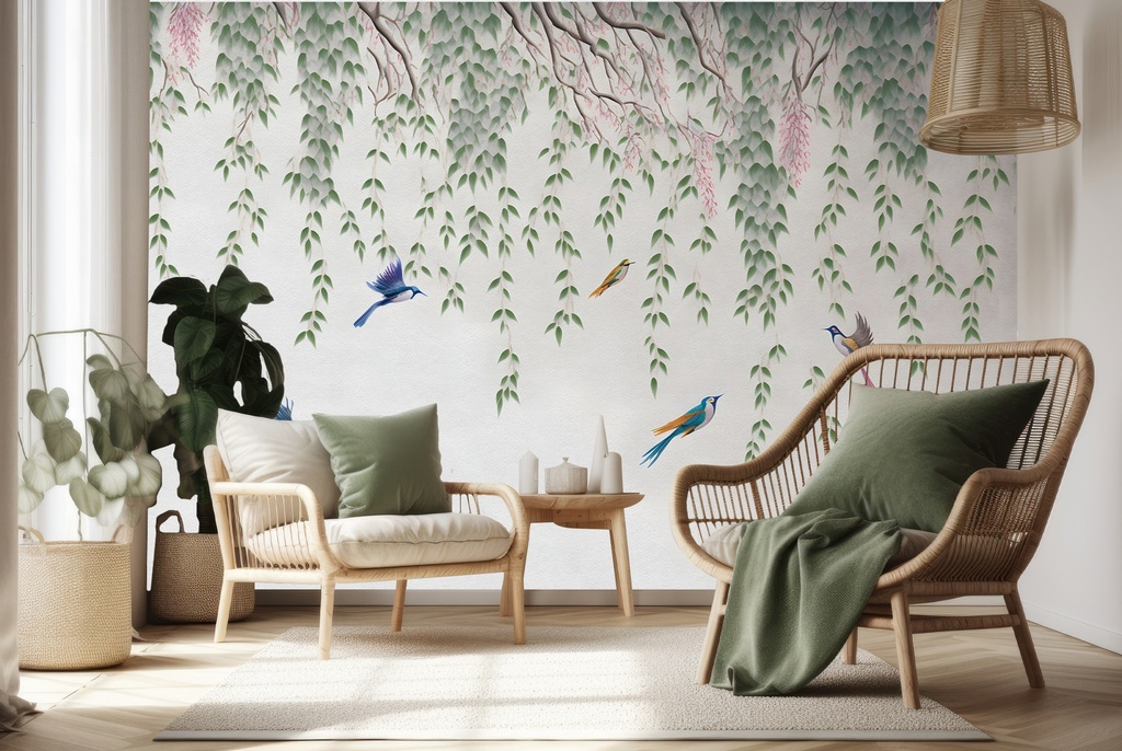 Flowering Willow & Birds Wall Mural Wallpaper