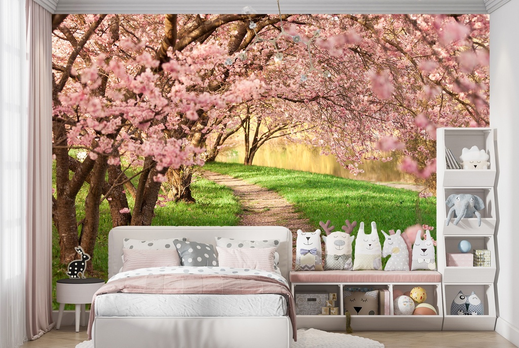 Pink Cherry Blossom Trees Wall Mural Wallpaper