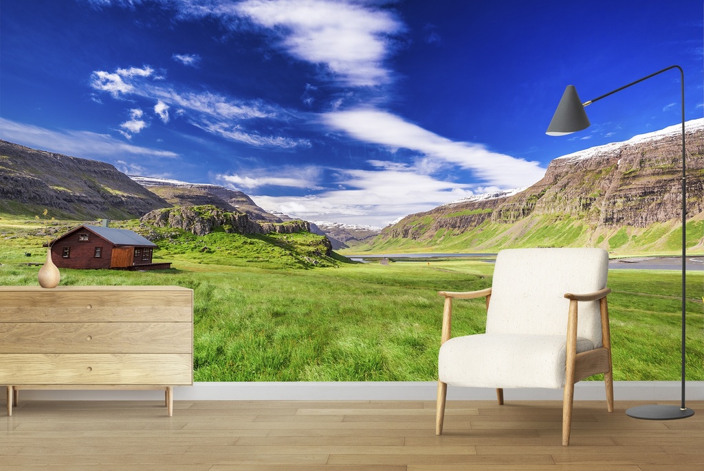Cottage In The Mountains Landscape Wall Mural Wallpaper