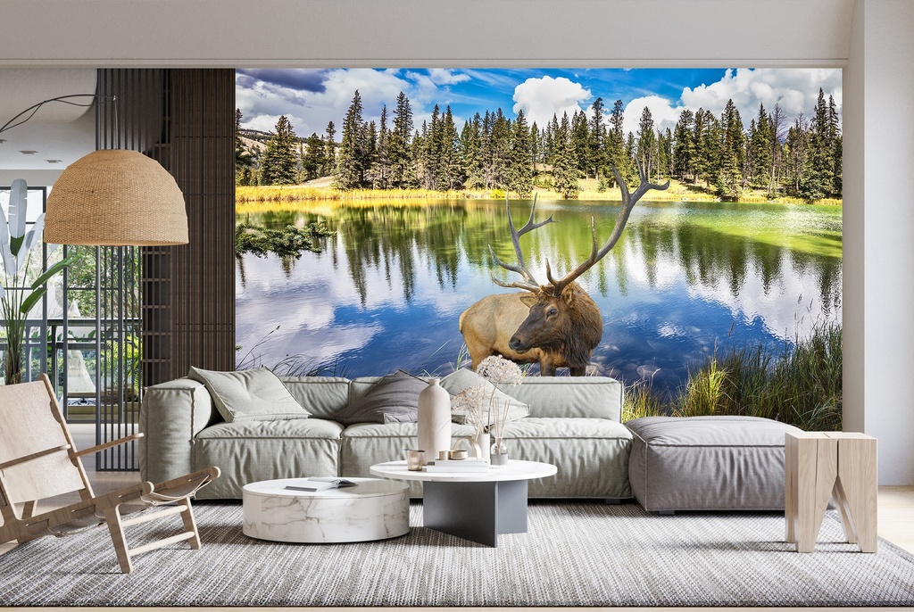 Red Stag Mountain Lake Wall Mural Wallpaper