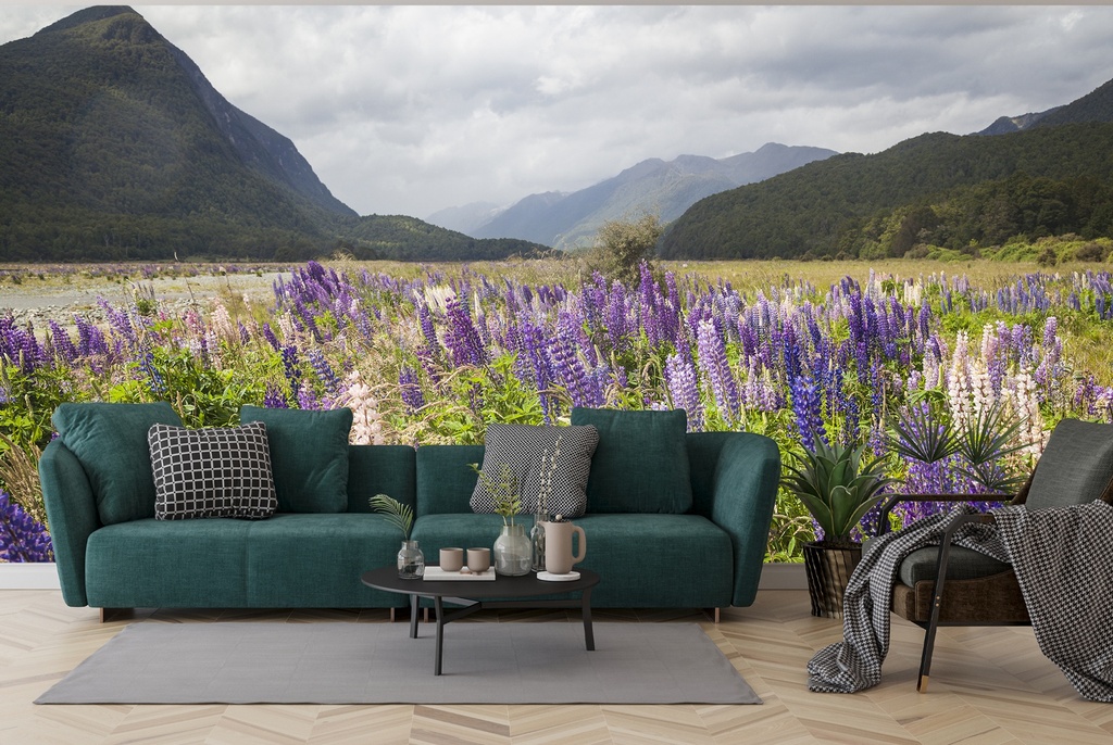 Purple Flowers Valley Landscape Wall Mural Wallpaper
