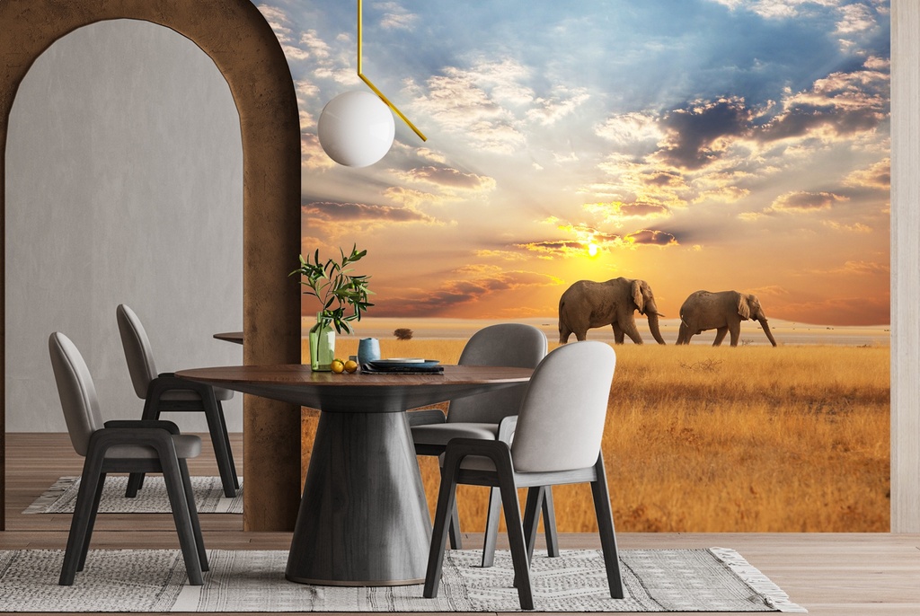 Elephants In Savannah Wall Mural Wallpaper
