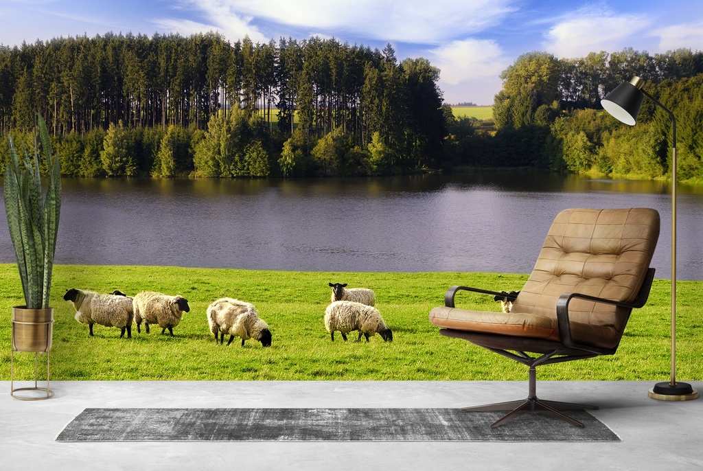 Sheep Grazing Landscape Wall Mural Wallpaper