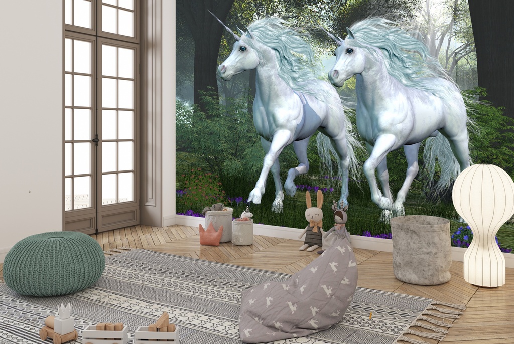 Two White Unicorns Fairytale Wall Mural Wallpaper