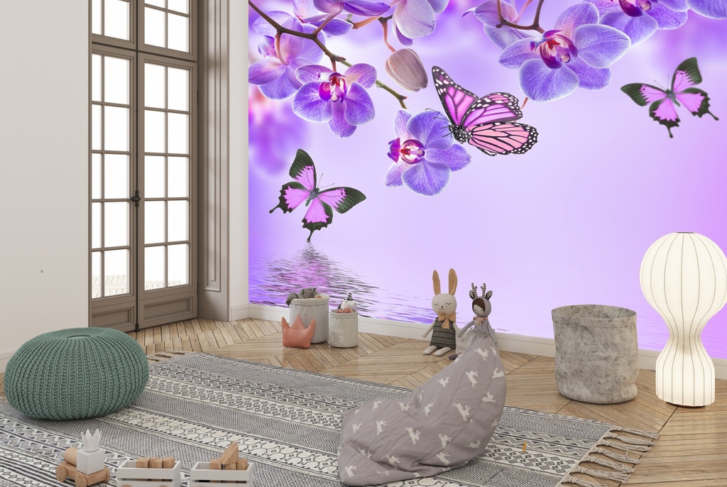 Purple Butterfly & Orchid Flowers Wall Mural Wallpaper