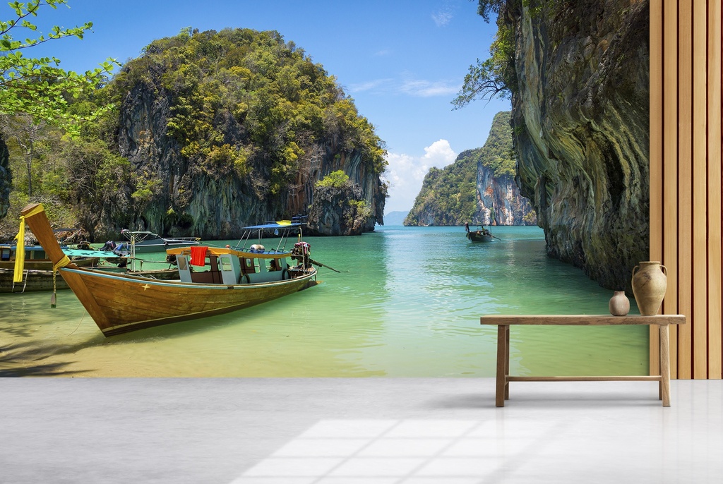 Long Boat & Tropical Island Wall Mural Wallpaper