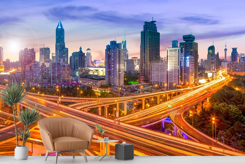 Shanghai Lights City Skyline Wall Mural Wallpaper