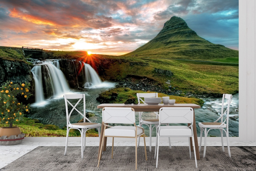 Mountain Waterfall Iceland Wall Mural Wallpaper