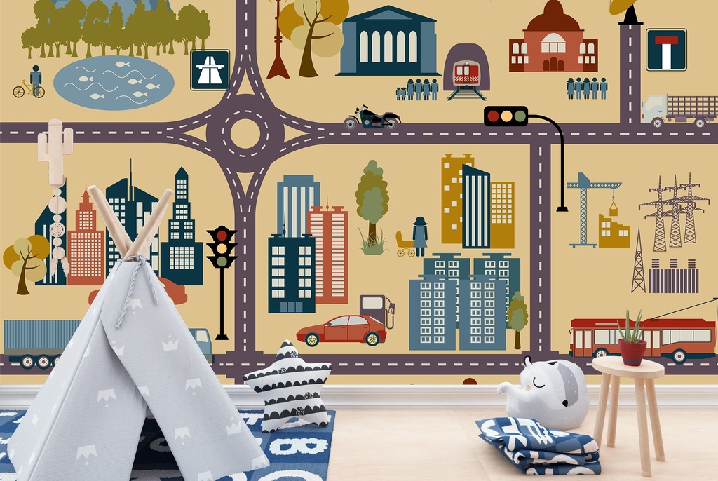 Cartoon City Maps Wall Mural Wallpaper