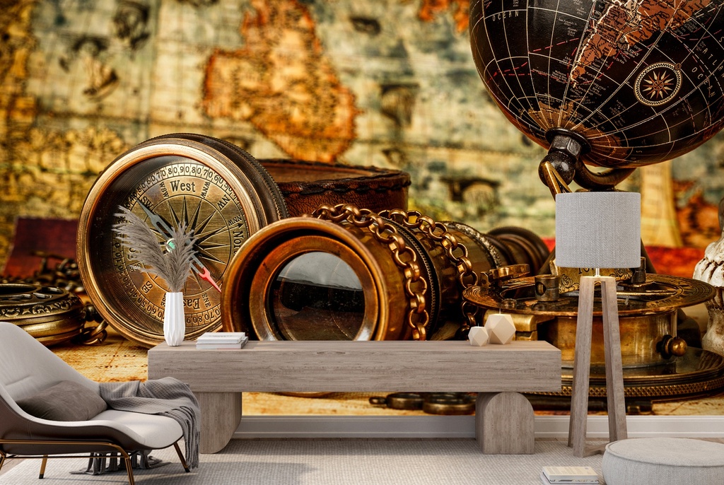 Vintage Compass & Map Wall Mural Wallpaper