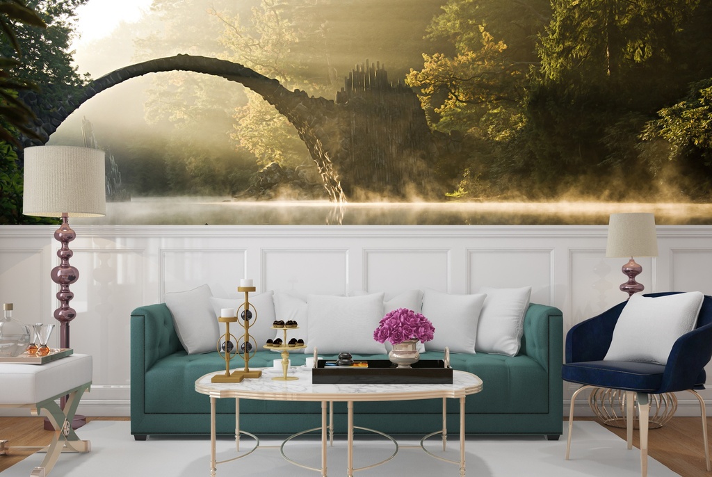 Misty Forest Bridge Wall Mural Wallpaper