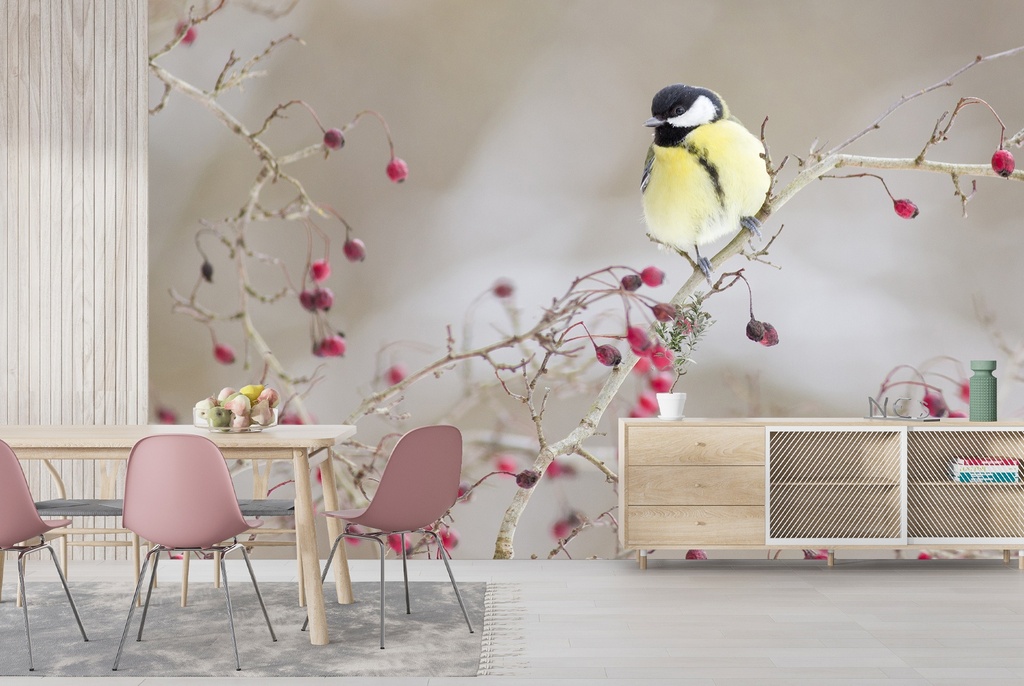 Pretty Bird On Flower Branch Wall Mural Wallpaper