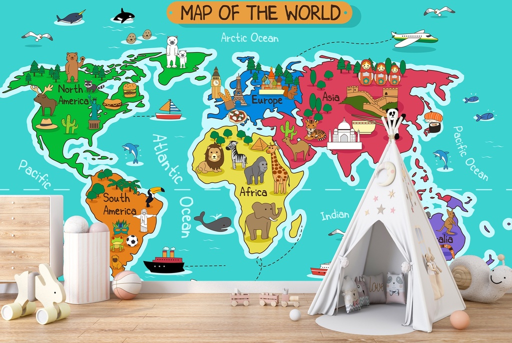 Cartoon Animal World Map Wall Mural Wallpaper