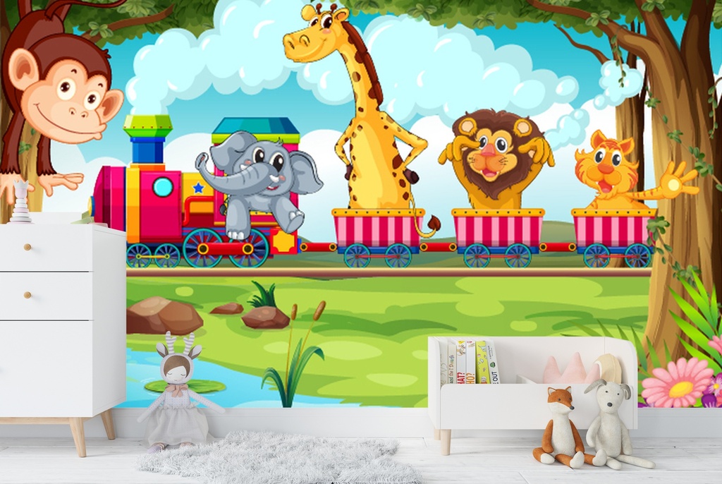 Jungle Animal Train Wall Mural Wallpaper