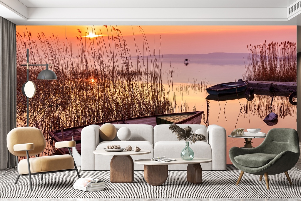 Fishing Boat Lake Wall Mural Wallpaper