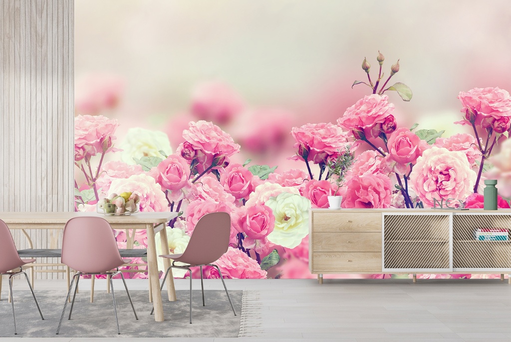 Pink & White Rose Flowers Wall Mural Wallpaper