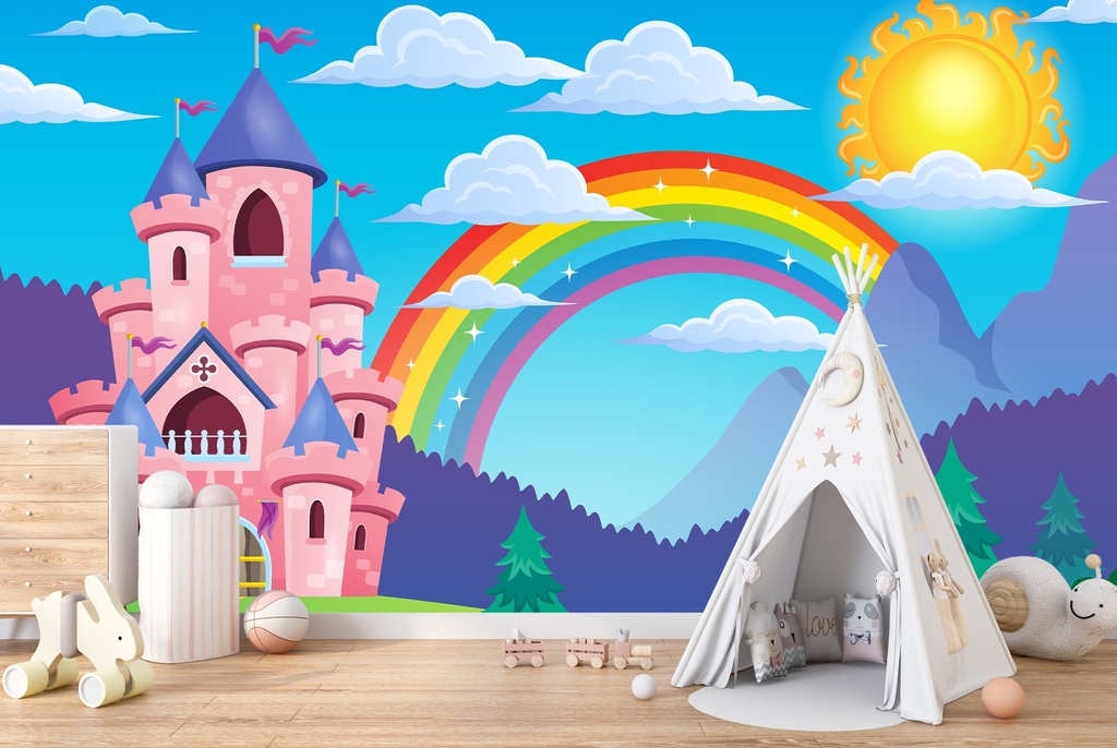 Pink Princess & Rainbow Wall Mural Wallpaper