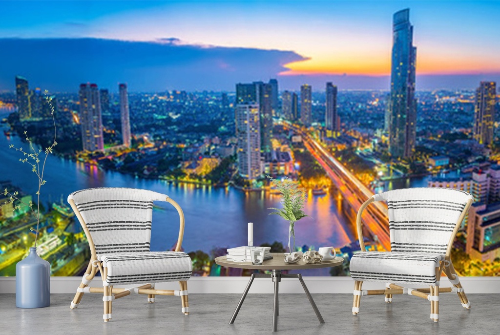 Bangkok At Night Skyline Wall Mural Wallpaper
