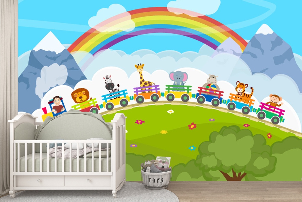 Cartoon Train & Rainbow Wall Mural Wallpaper