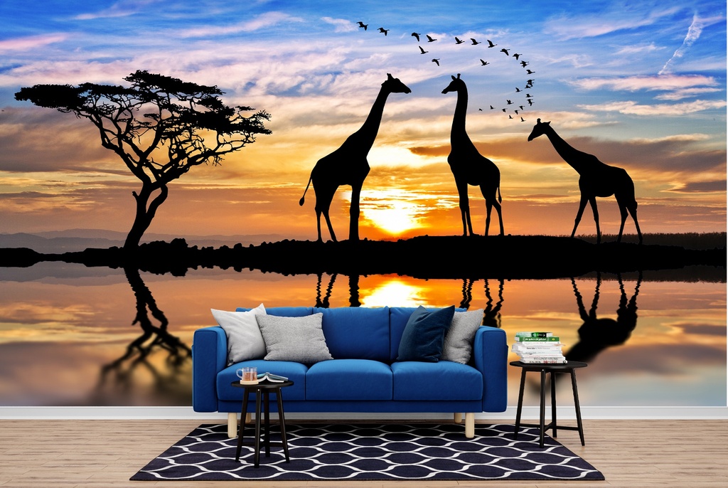 Giraffe Savanna Sunset Wall Mural Wallpaper