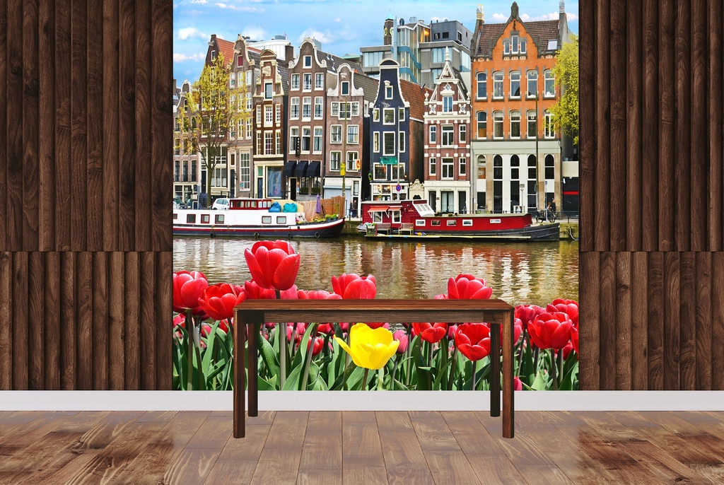 Canal Tulips Amsterdam Wall Mural Wallpaper