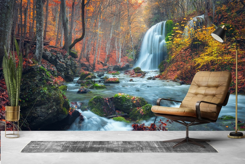 Autumn Waterfall Forest Wall Mural Wallpaper