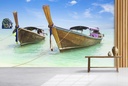 Long Boats On Tropical Beach Wall Mural Wallpaper