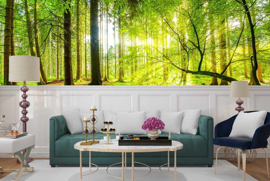 Sunlit Green Trees Forest Wall Mural Wallpaper