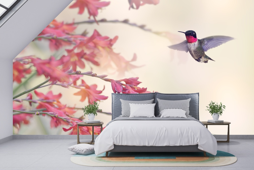 Pink Floral Hummingbird Wall Mural Wallpaper