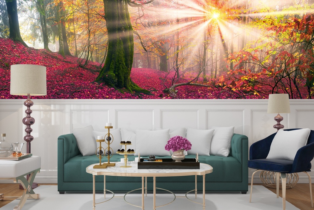 Sun Shines In Mystical Pink Forest Trees Wall Mural Wallpaper