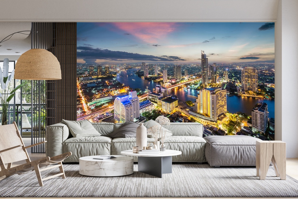 Sunset Over Bangkok City Skyline Wall Mural Wallpaper