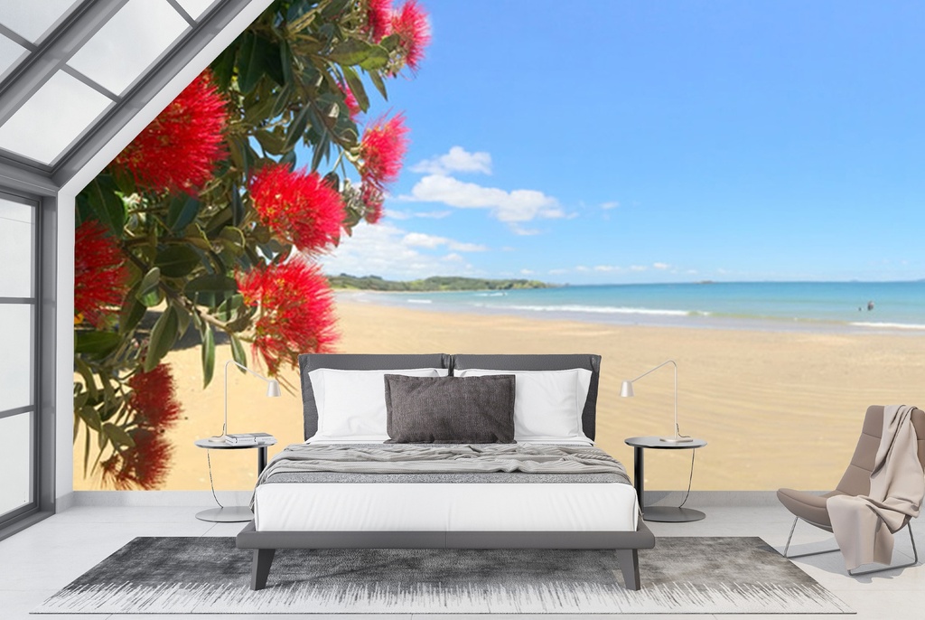 Red Flowers New Zealand Beach Wall Mural Wallpaper