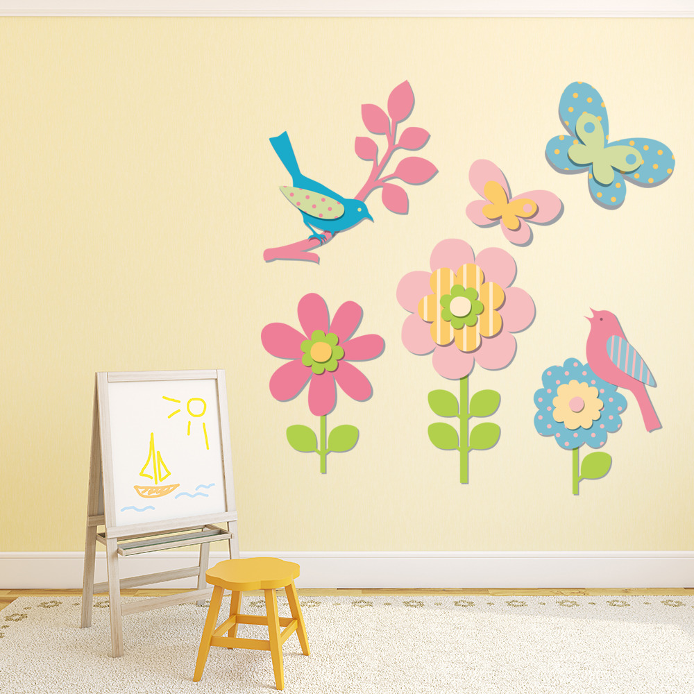 Pink Flowers & Birds Wall Sticker Set