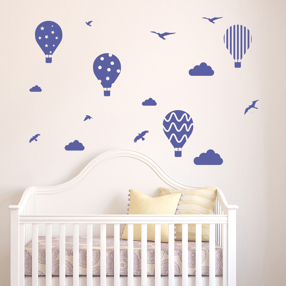 Hot Air Balloon Birds Clouds Wall Sticker Set